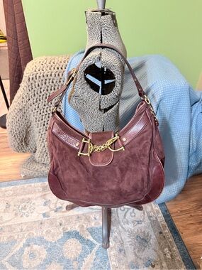 Vintage Tory Burch Brown Suede Hobo Bag with Gold Hdwe